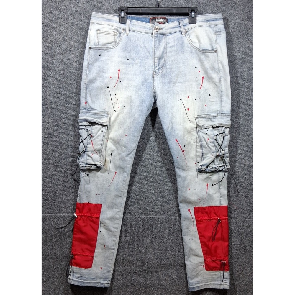 Denim City Mens Cargo Jeans Light‎ Wash Red Paint Splatter Techwear Size 40